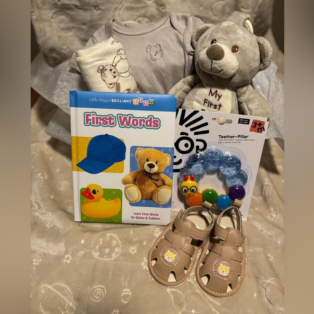 Baby First Words Board Book & Neutral Baby Gift Set